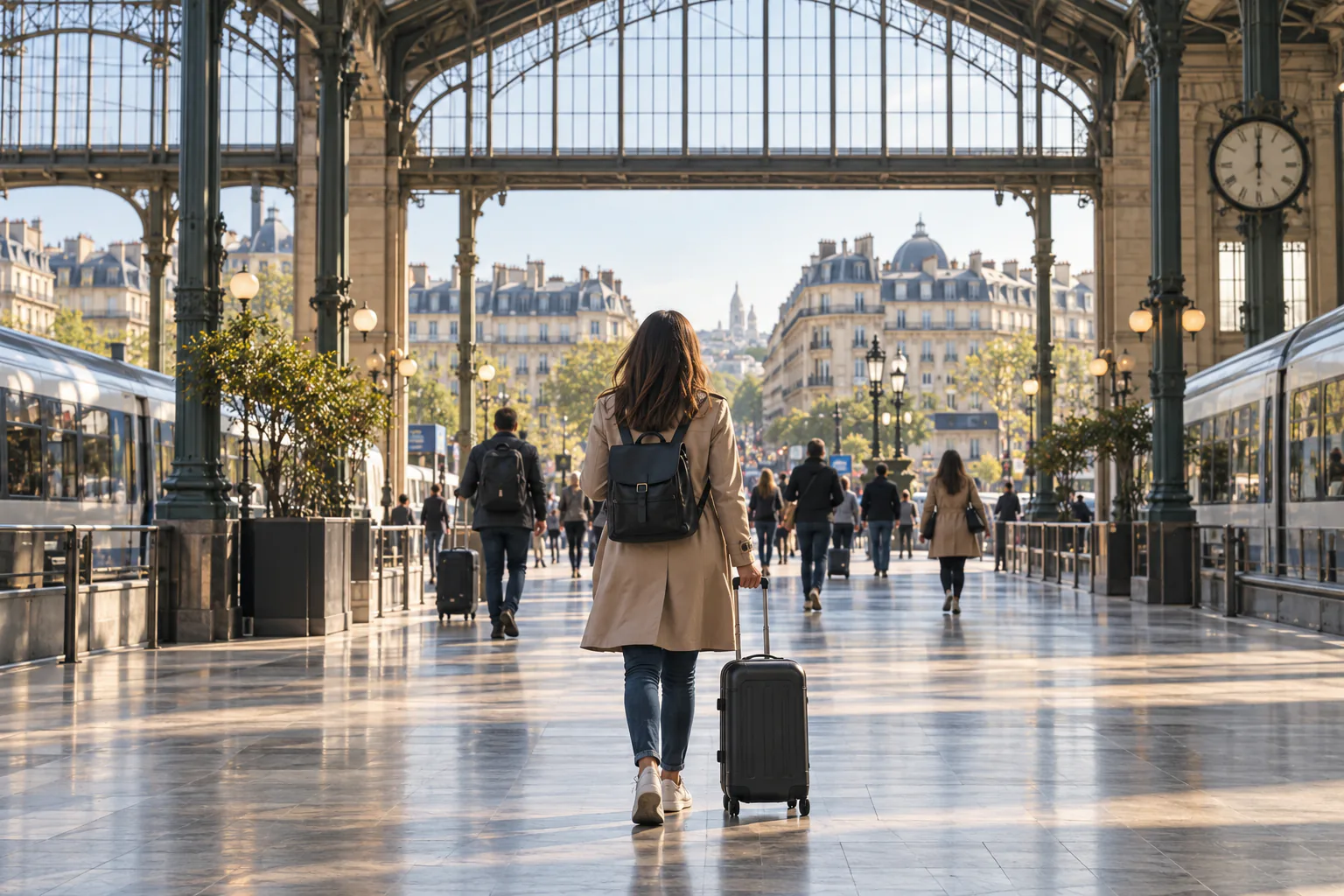 Voyageuse avec une valise dans le hall d'une grande gare parisienne