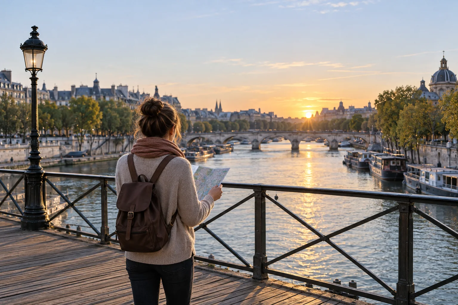 Voyageuse préparant une journée à Paris face à la Seine au lever du soleil