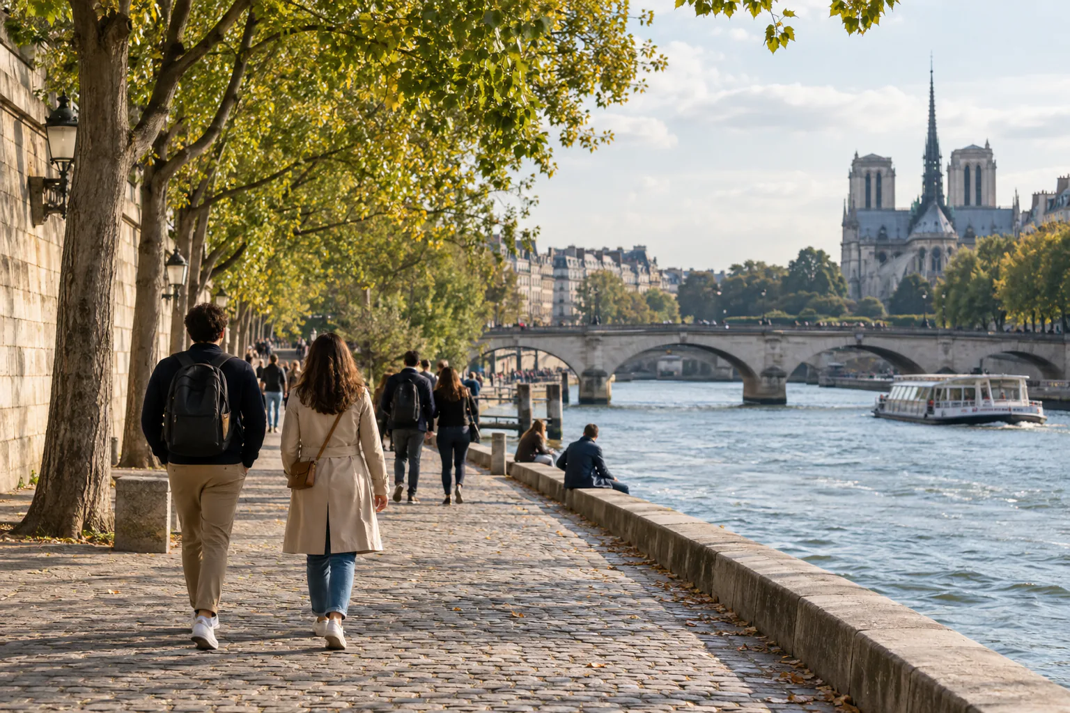Promeneurs marchant sur un quai de Seine arboré à Paris