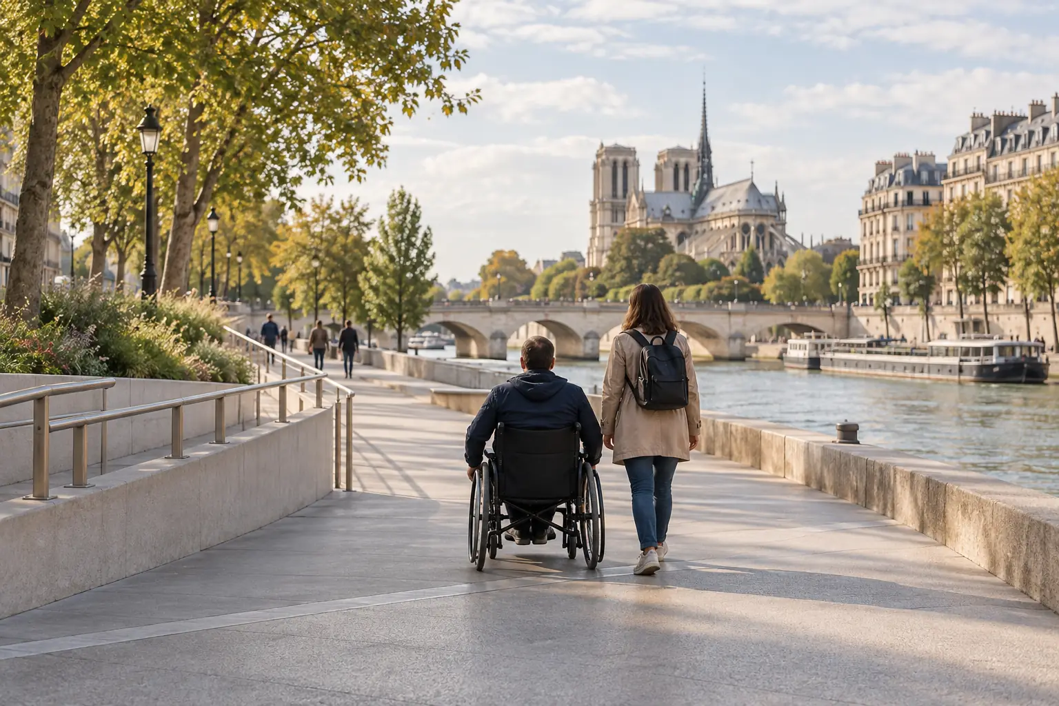 Voyageur en fauteuil roulant et accompagnante sur une promenade large au bord de la Seine