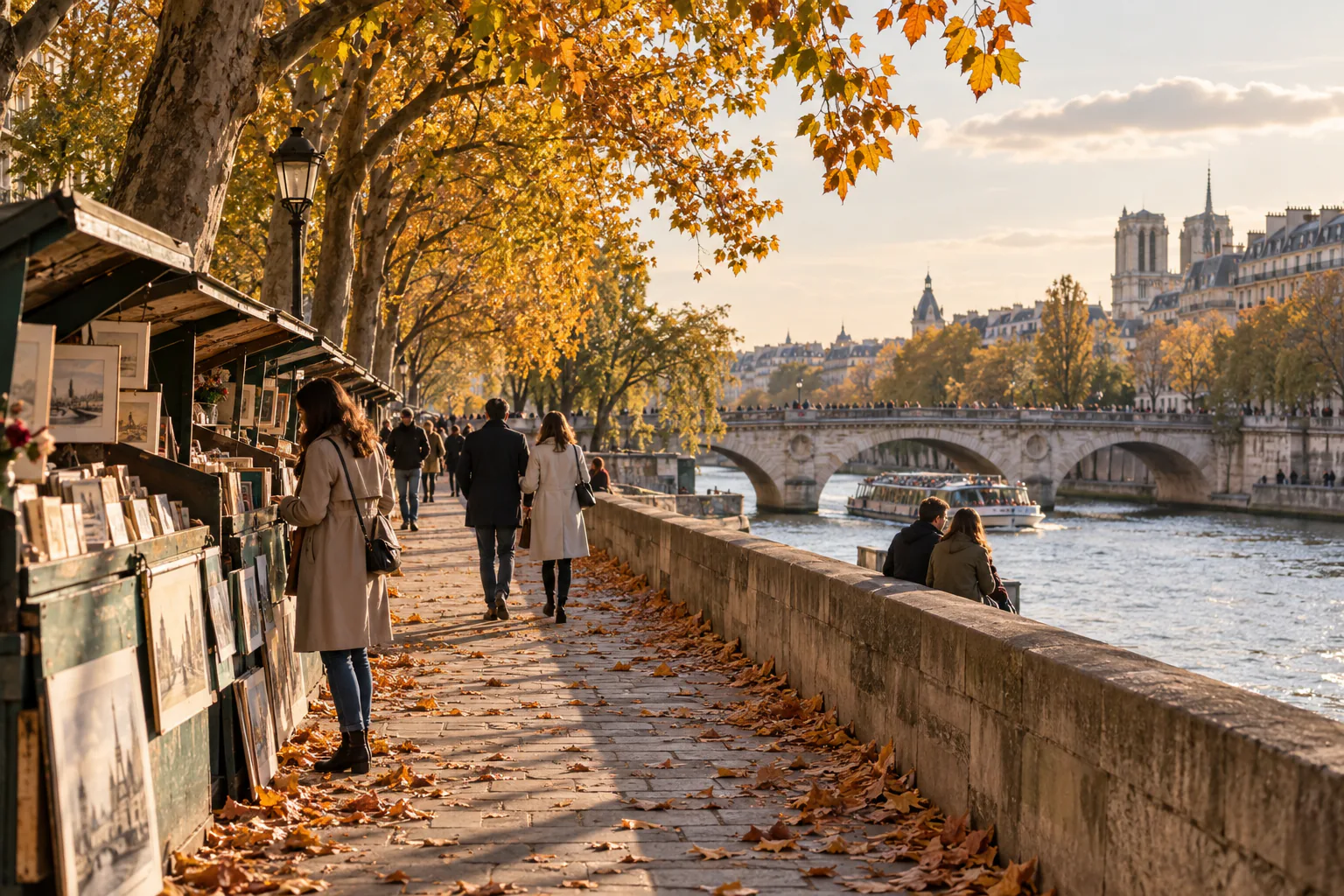 Bouquinistes et promeneurs le long de la Seine sous les feuillages d'automne
