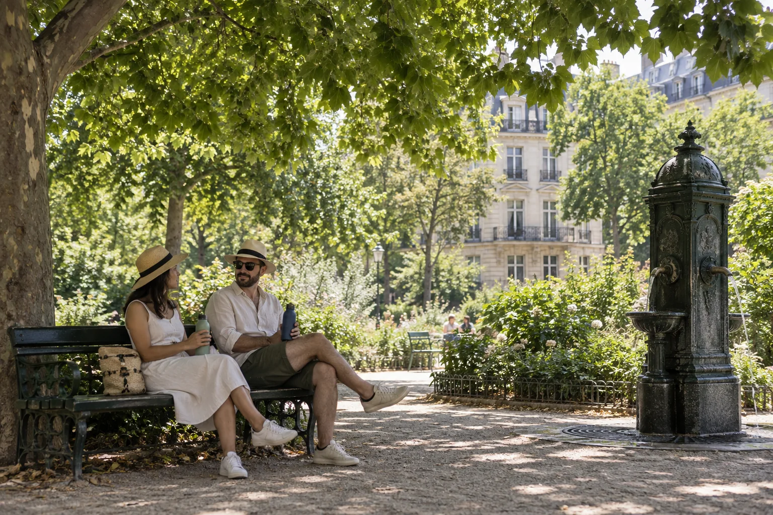 Visiteurs faisant une pause à l'ombre près d'une fontaine dans un jardin parisien