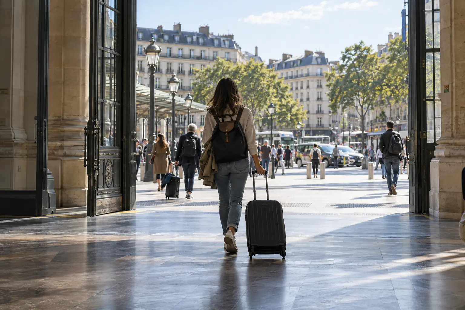 Voyageuse avec une valise à la sortie d’une gare parisienne