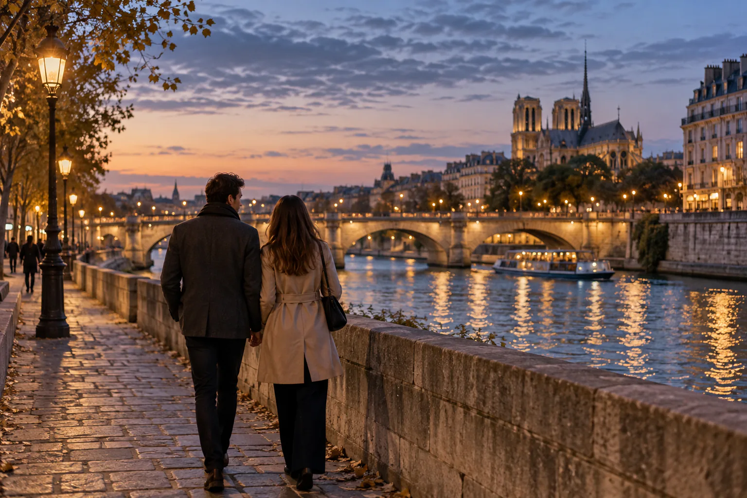 Couple marchant au bord de la Seine à la tombée du jour