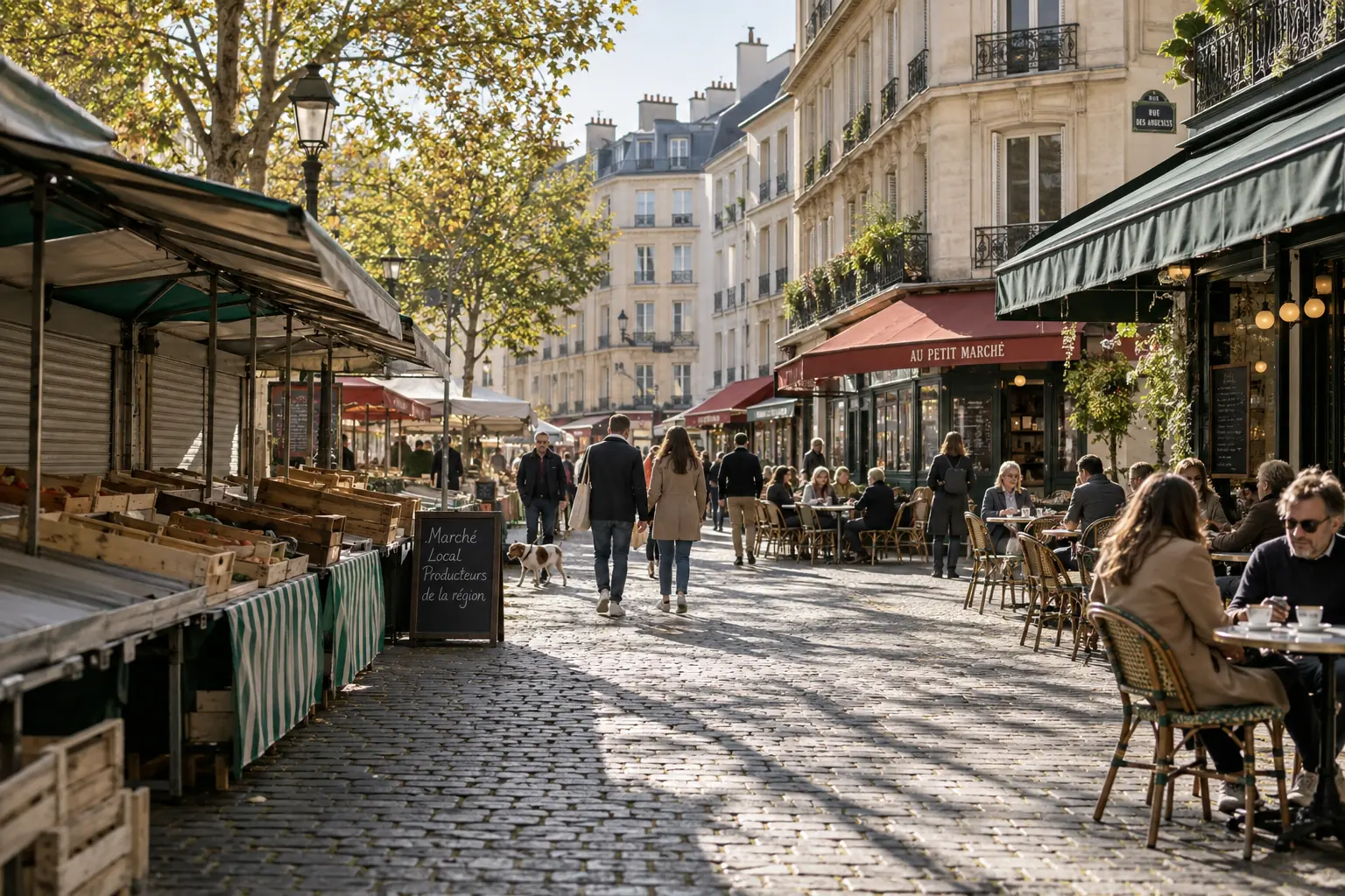 Promenade dominicale près des terrasses et des étals à Paris