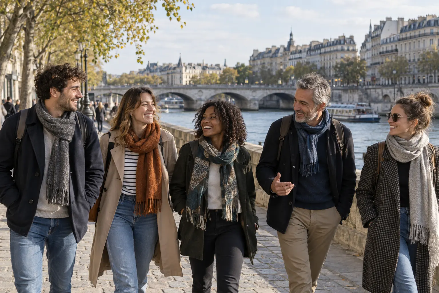 Groupe d’amis marchant ensemble sur les quais de Seine