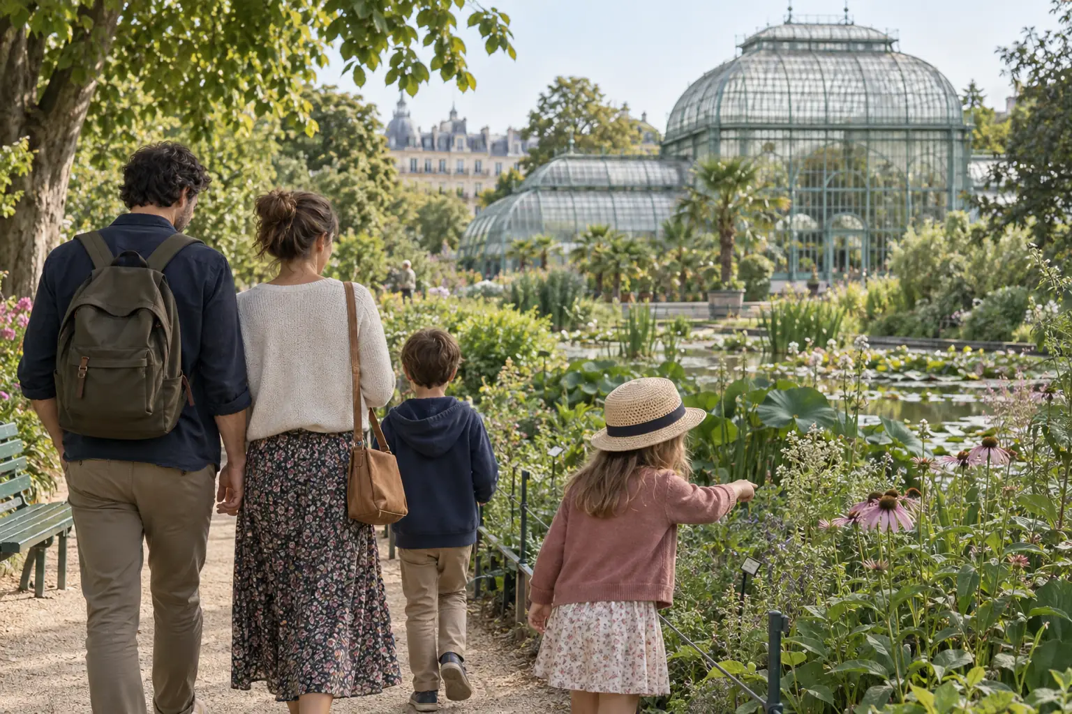 Famille observant les plantes et les serres d'un jardin botanique parisien