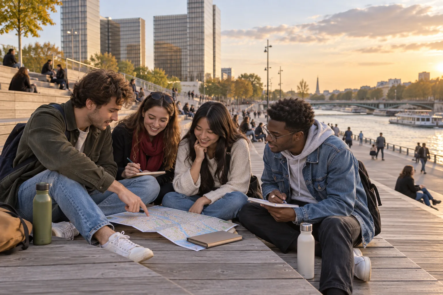 Étudiants préparant leurs déplacements sur les quais près de la Bibliothèque François-Mitterrand