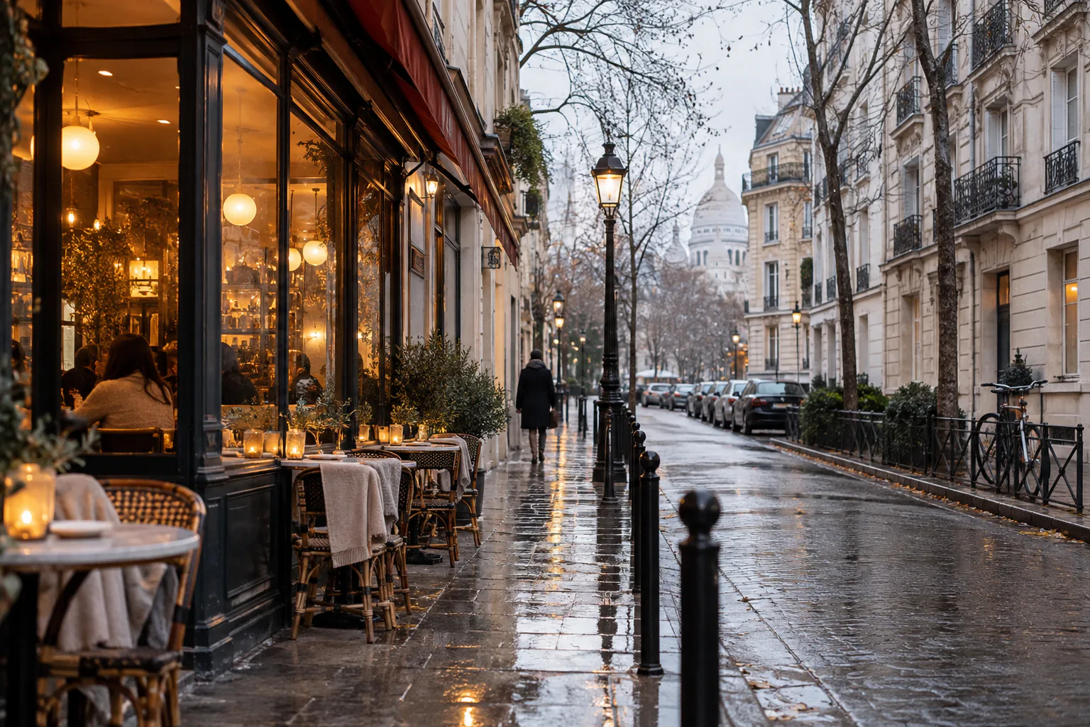 Rue parisienne humide en hiver près d'un café éclairé