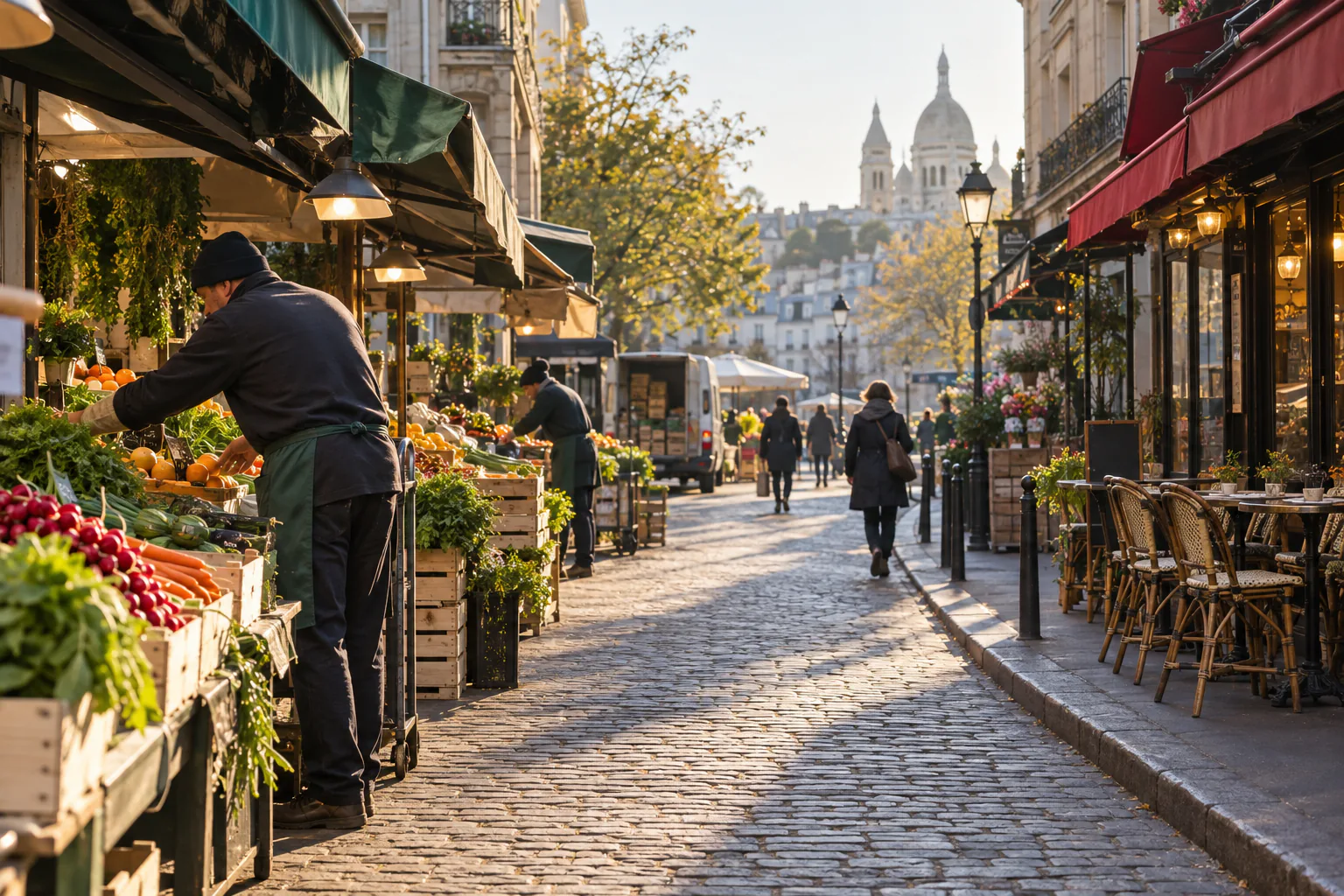 Commerçant installant un marché de quartier tôt le matin à Paris