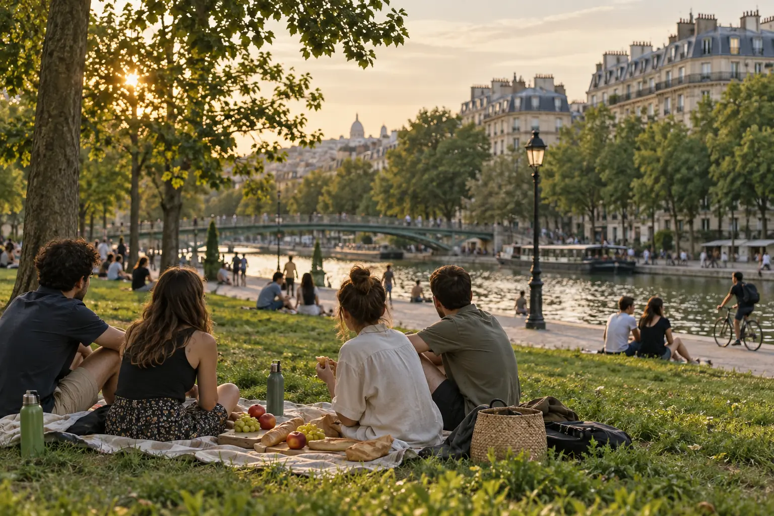 Amis partageant un pique-nique près d'un canal parisien au soleil couchant