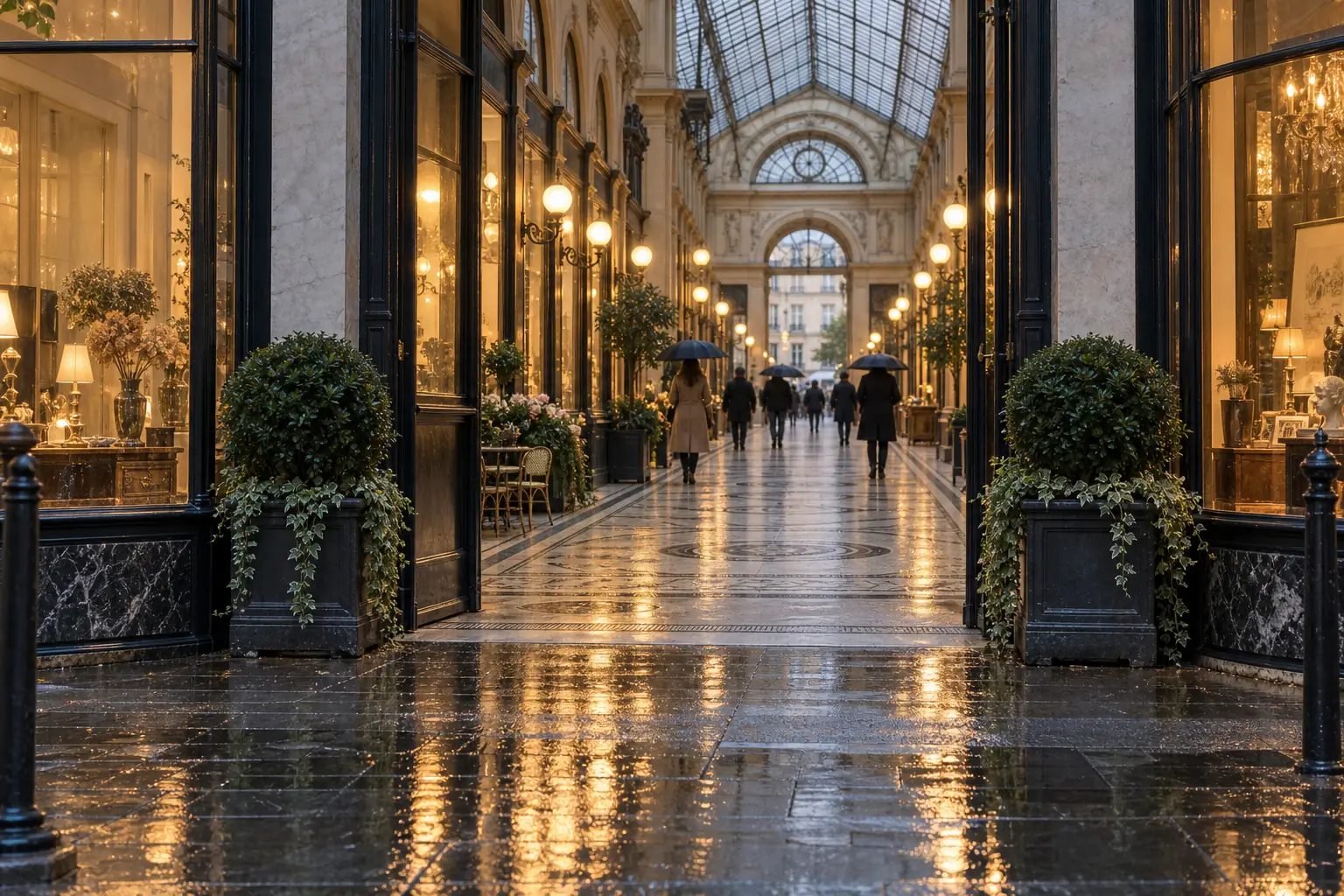 Passage couvert parisien éclairé dont l'entrée reflète une journée de pluie
