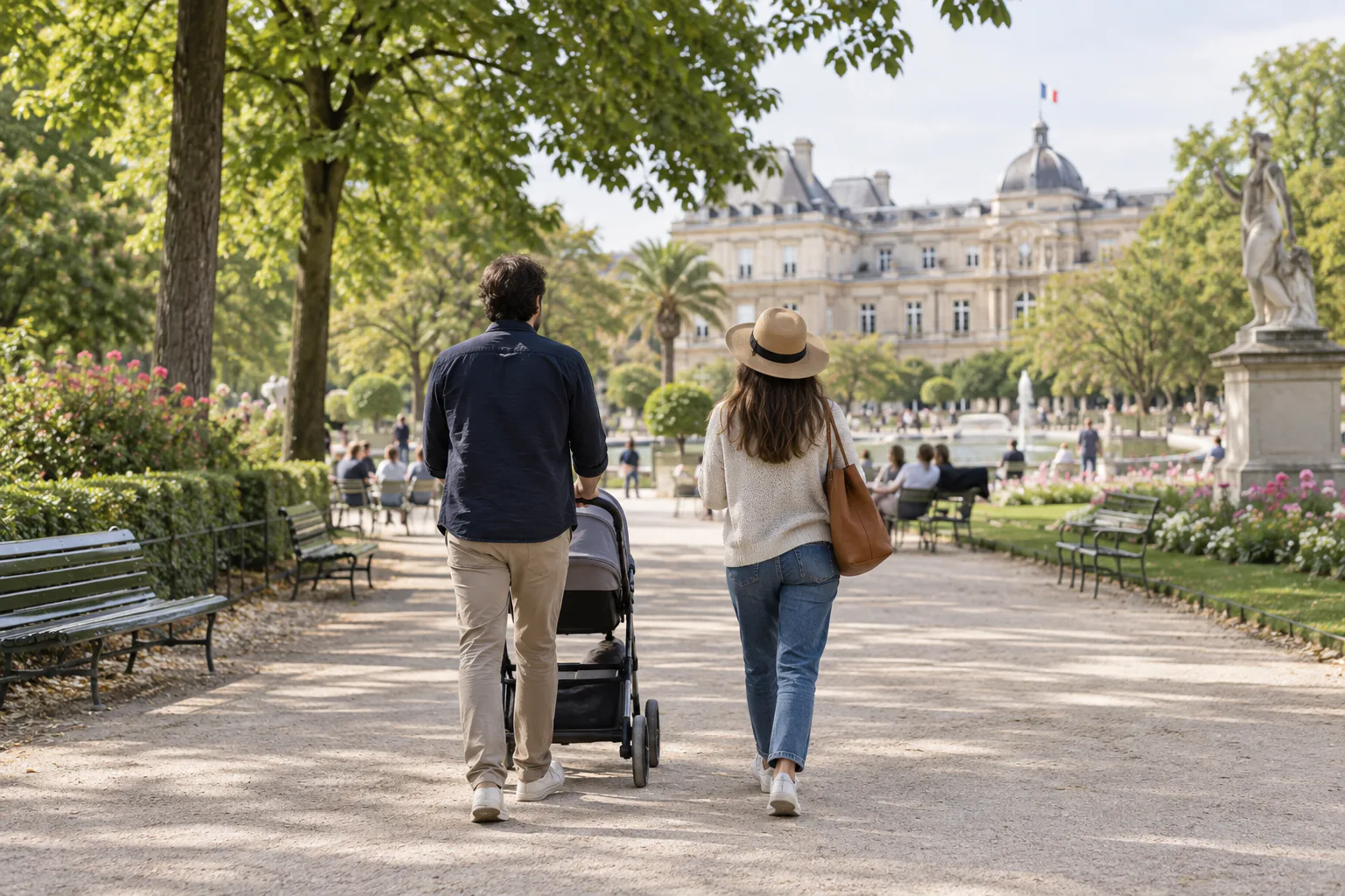 Deux adultes marchant avec une poussette dans un jardin parisien