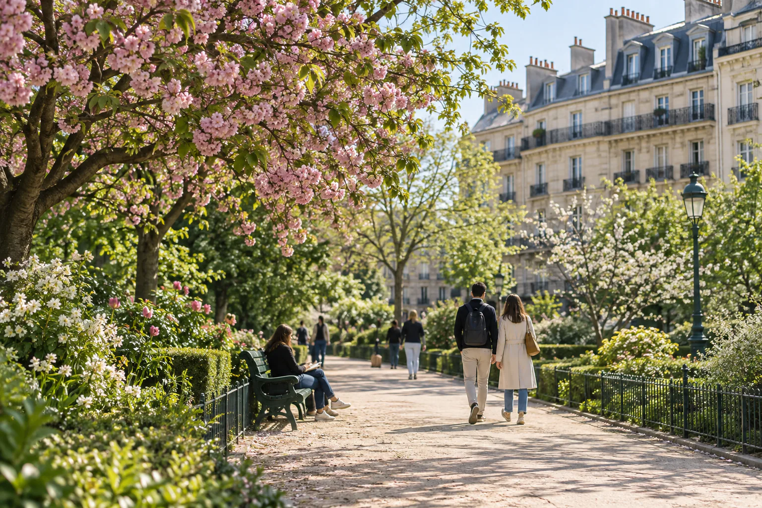 Promeneurs dans un jardin parisien fleuri au printemps
