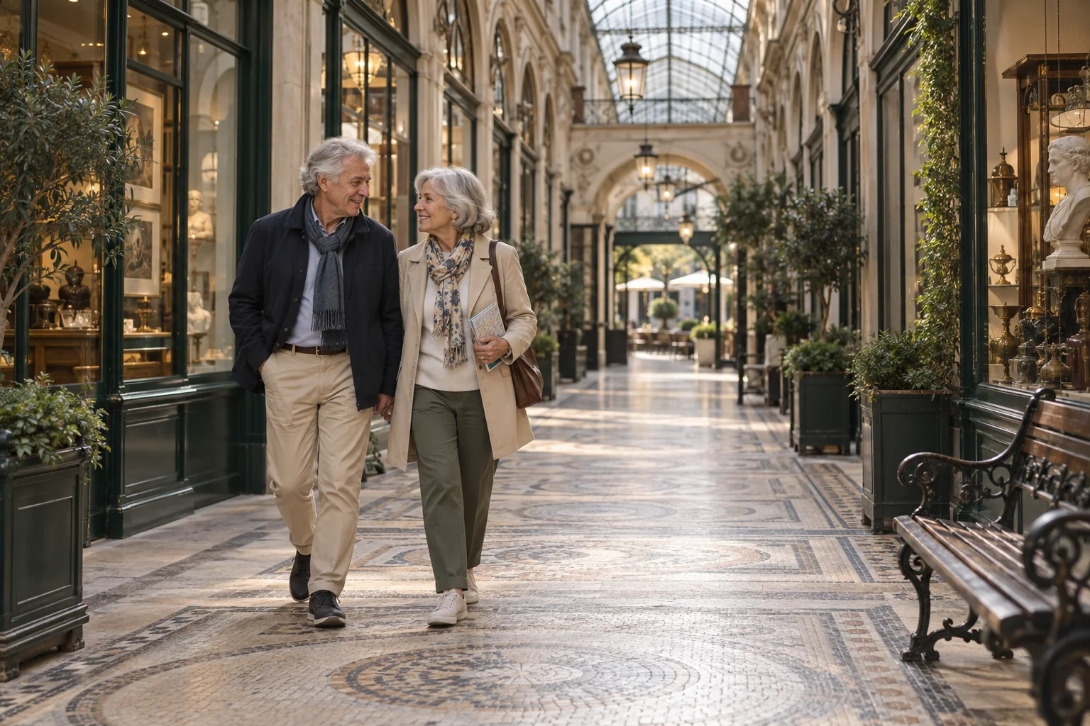 Couple de visiteurs seniors parcourant tranquillement un passage parisien