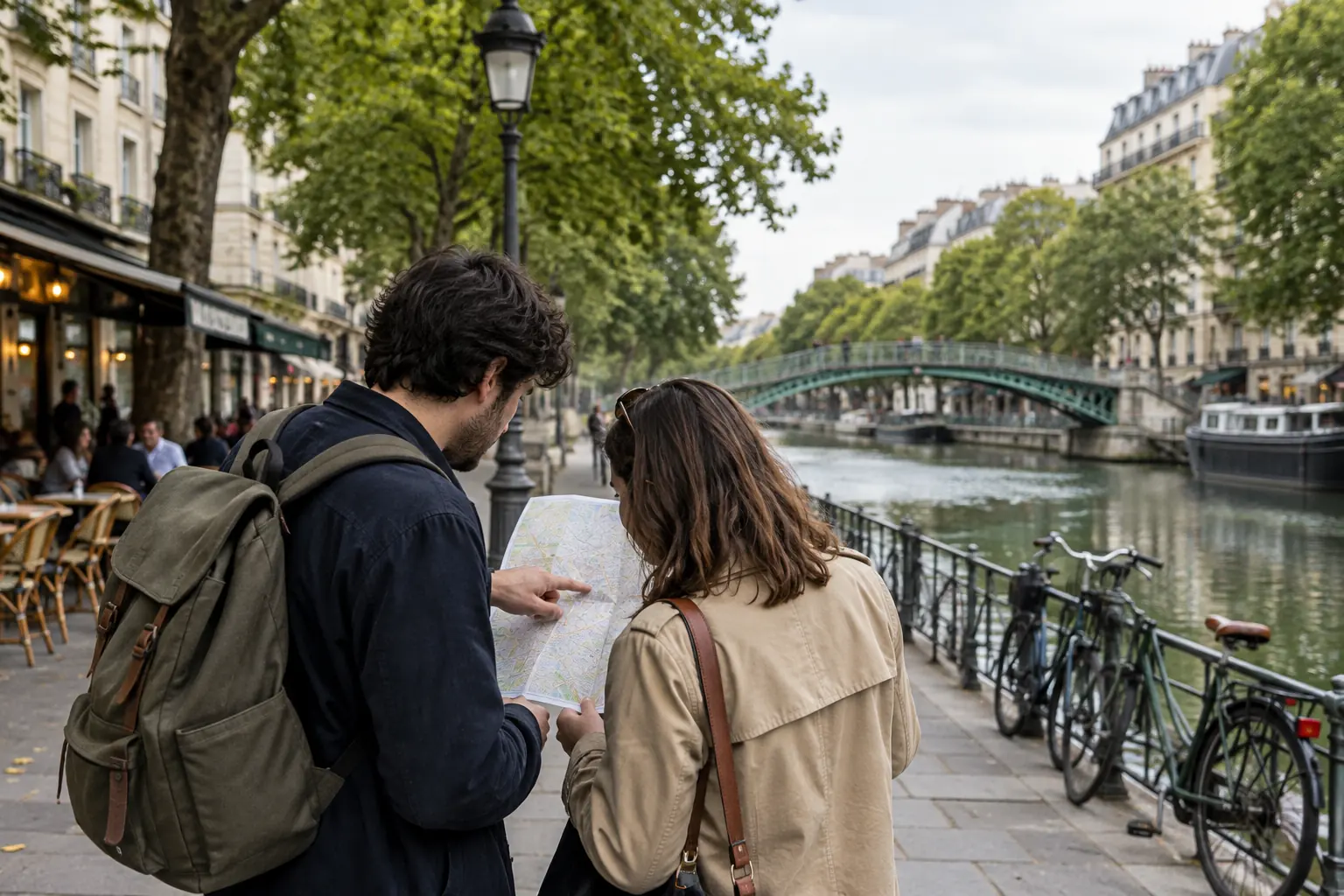 Deux visiteurs consultant un plan au bord d’un canal parisien