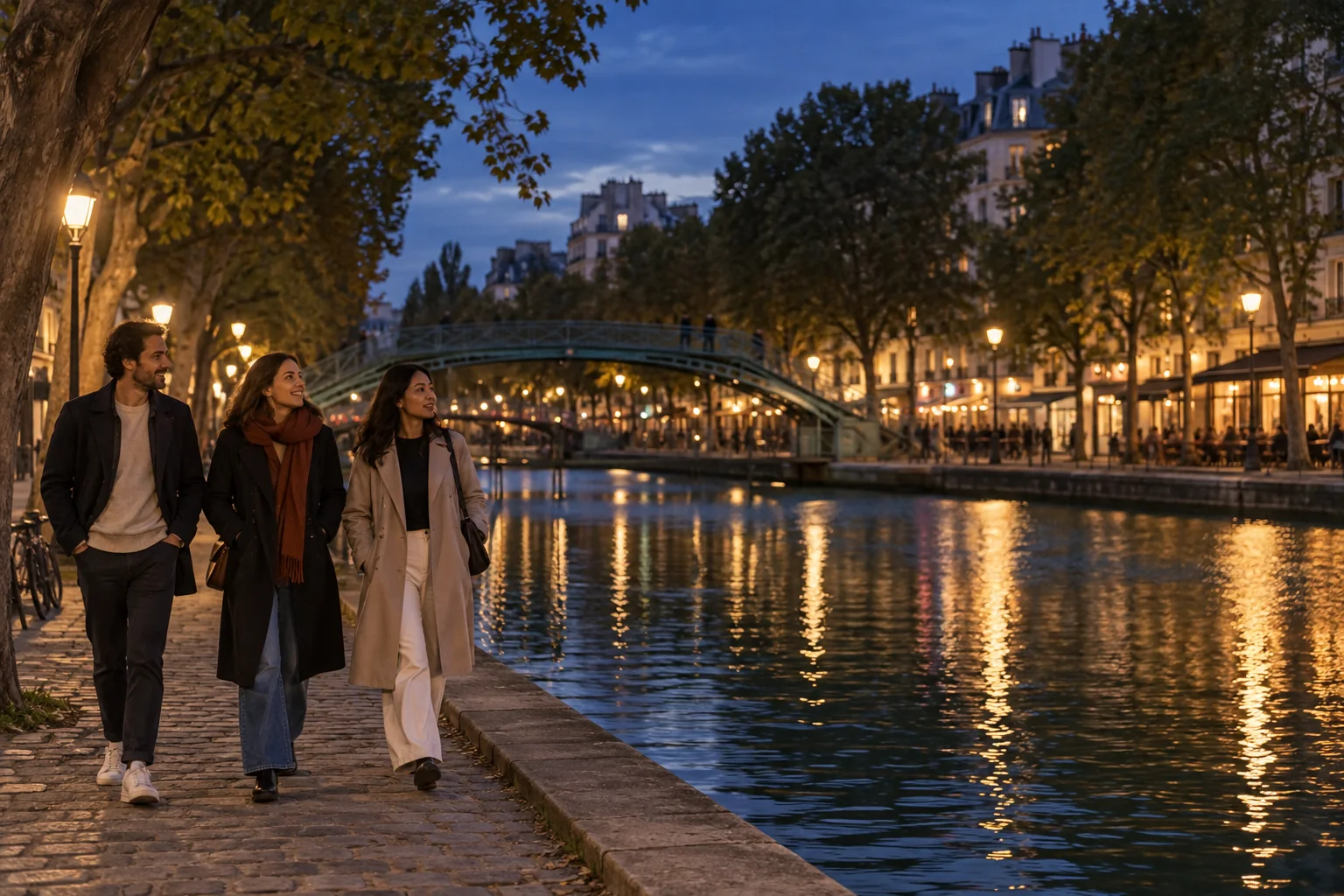 Amis marchant au bord du canal Saint-Martin à la tombée du jour