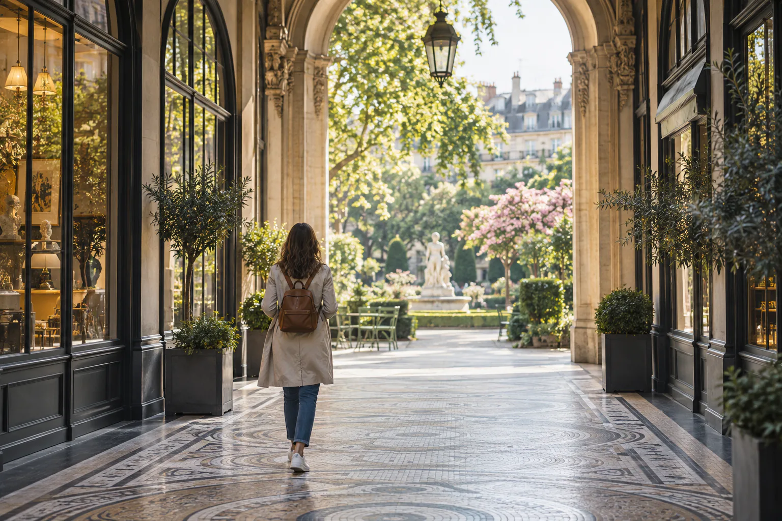 Voyageuse seule sous une arcade donnant sur un jardin parisien