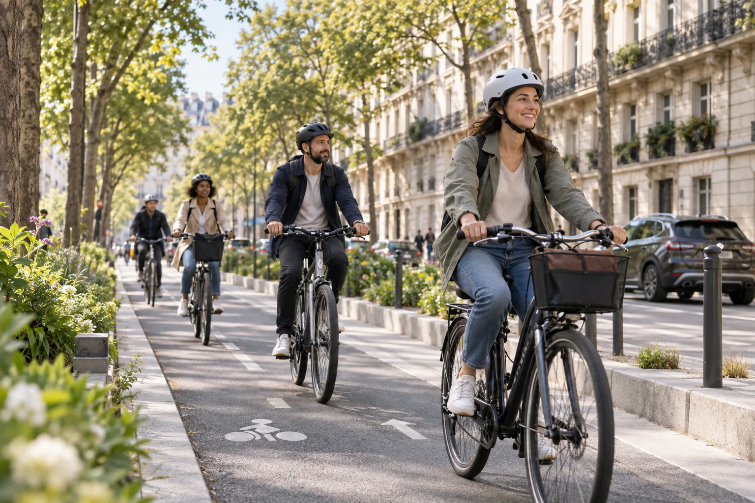 Cyclistes sur une piste protégée dans une rue parisienne arborée