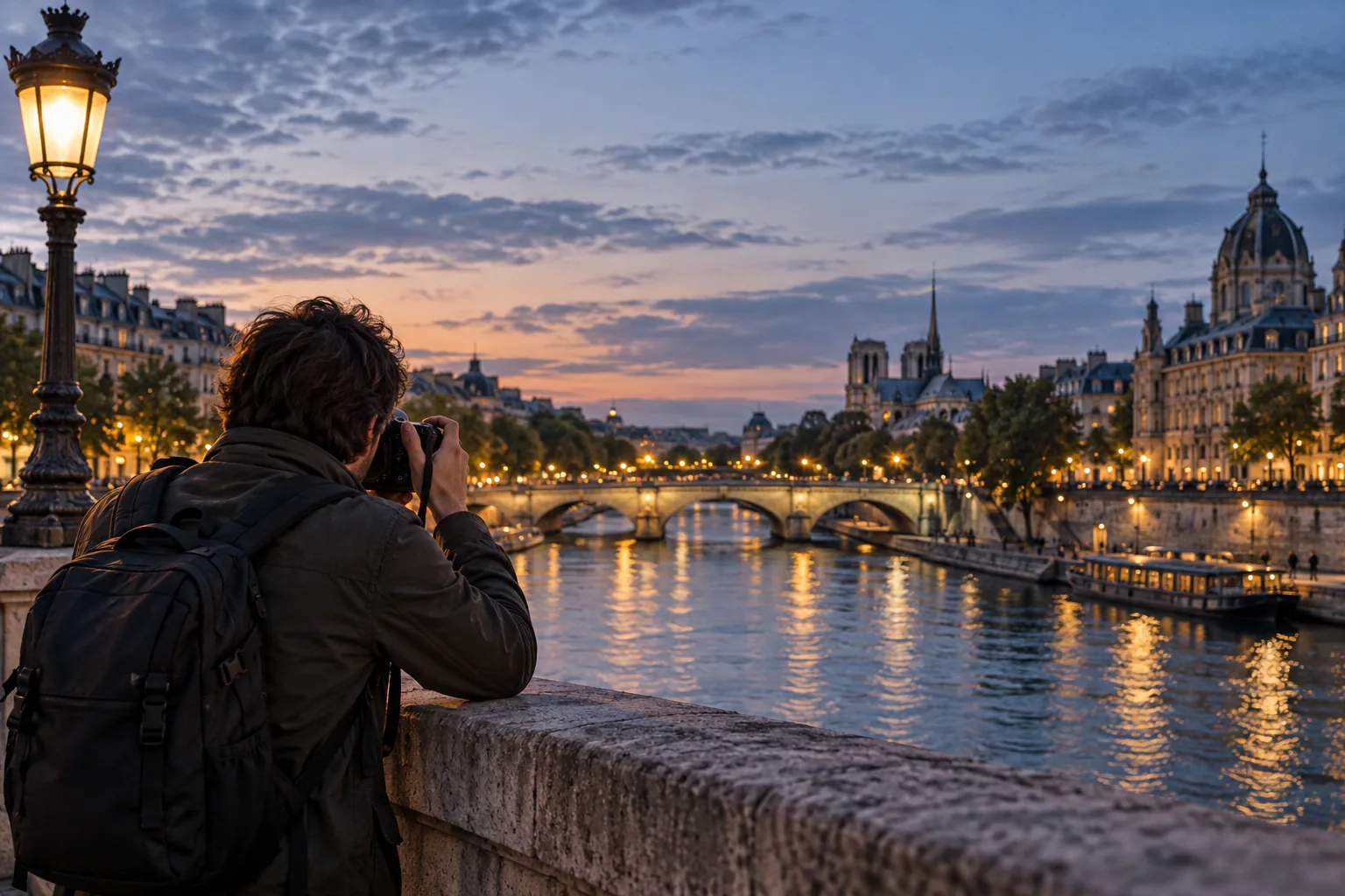 Photographe cadrant les quais de Seine à l'heure bleue