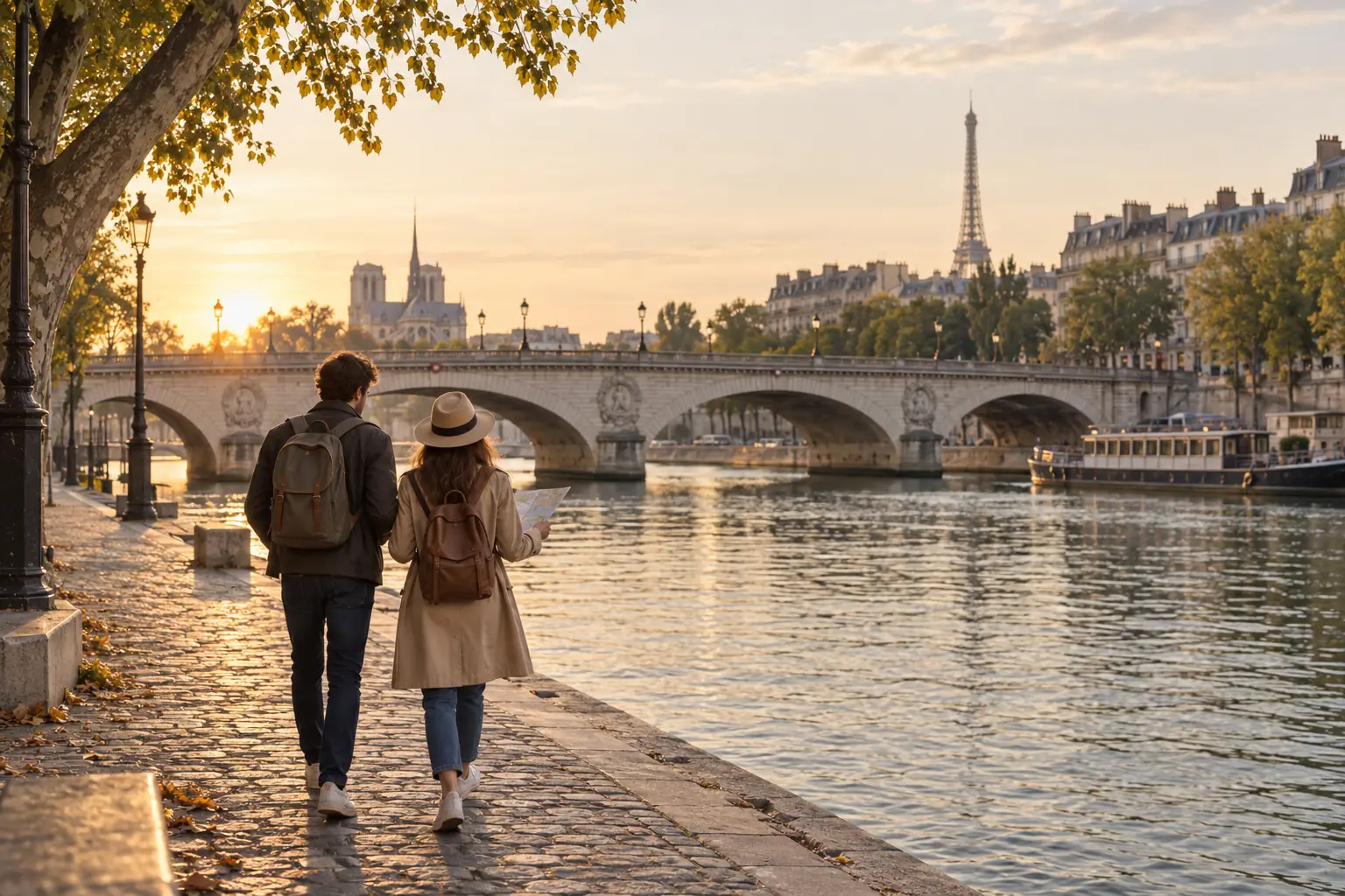 Deux voyageurs marchant sur les quais de Seine avec un plan de Paris au lever du jour