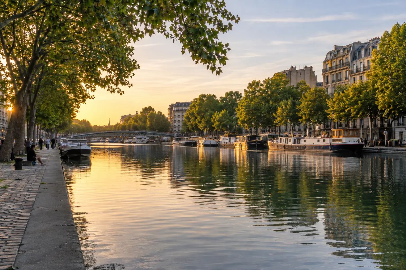 Bassin bordé d’arbres et de bateaux à la lumière du soir