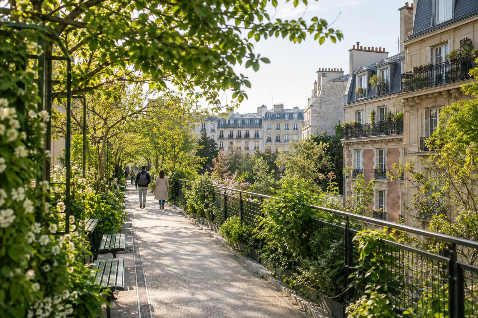 Promenade végétalisée en hauteur entre les arbres et les façades parisiennes