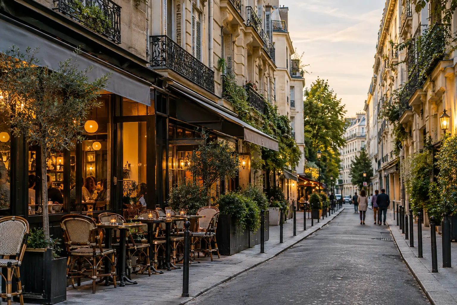 Rue calme de Montparnasse avec terrasses et façades de pierre
