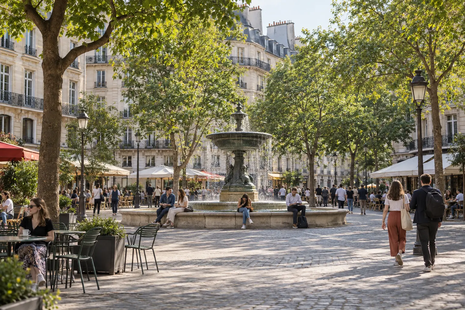 Place arborée animée autour d’une fontaine à Paris