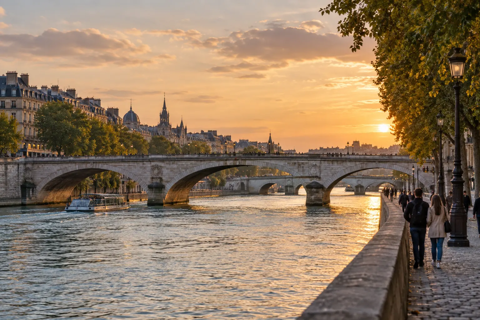 Ponts et promeneurs au bord de la Seine en fin de journée