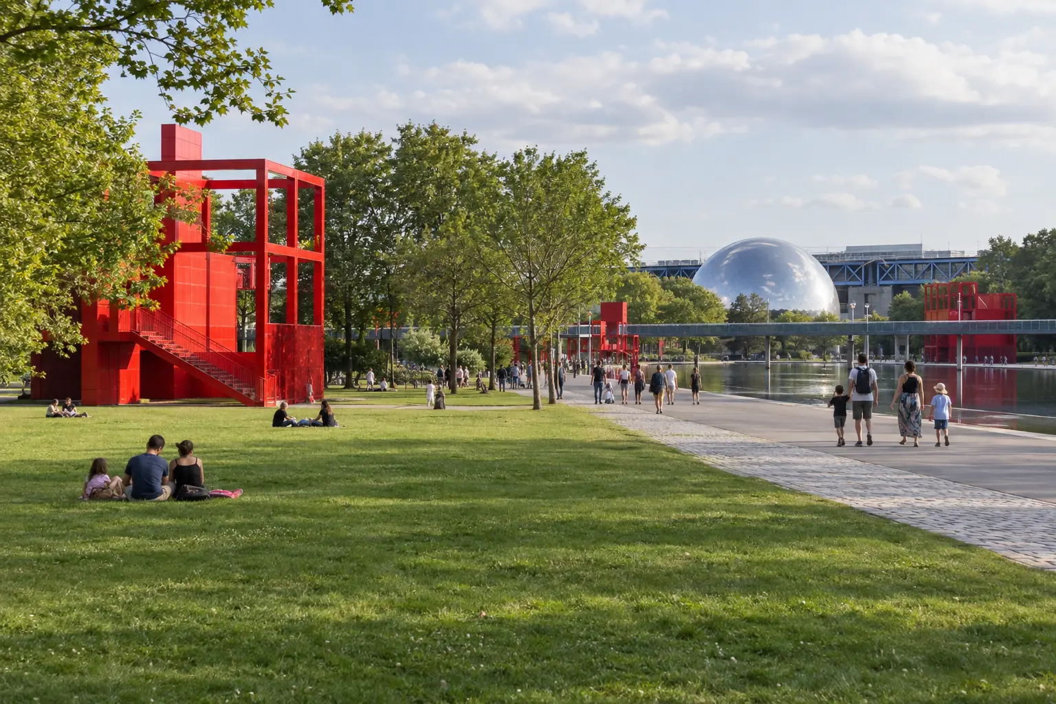 Pelouse et folies rouges dans le parc de la Villette