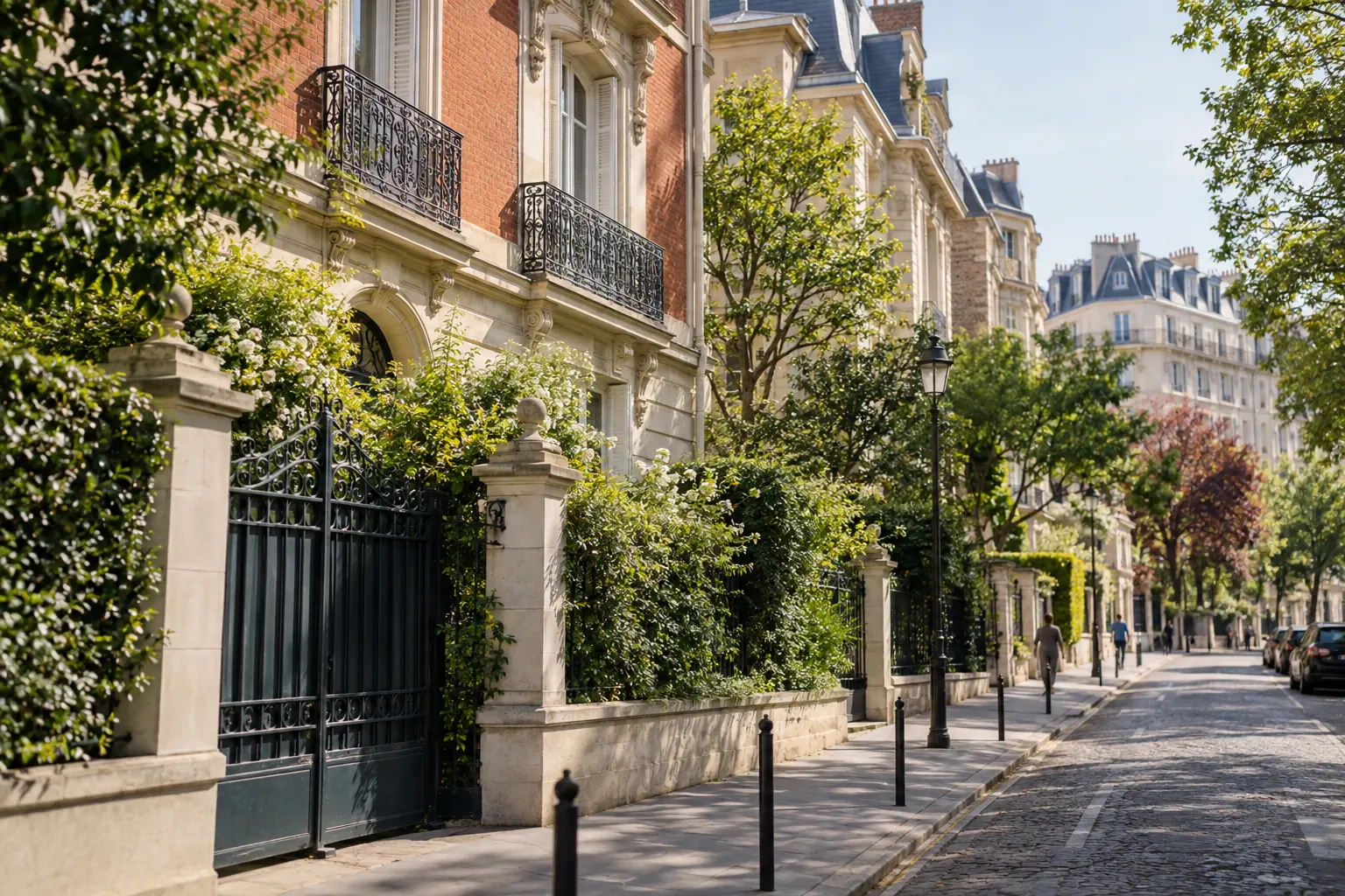 Rue résidentielle arborée et façades en pierre dans l’ouest parisien