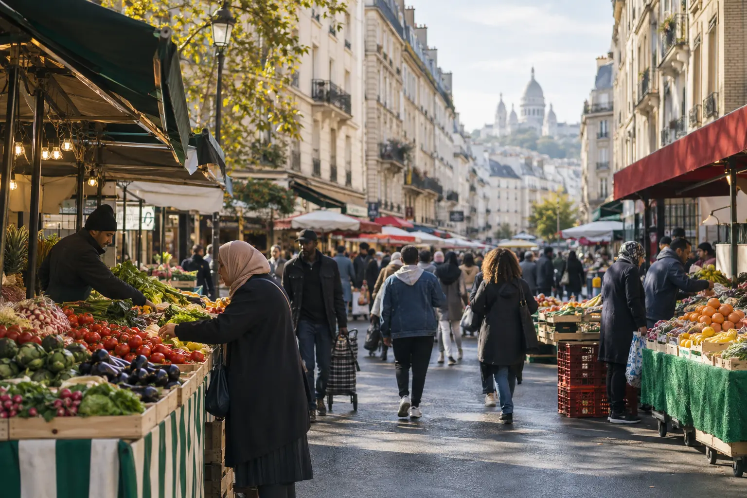 Étals de marché et passants dans une rue animée de Paris