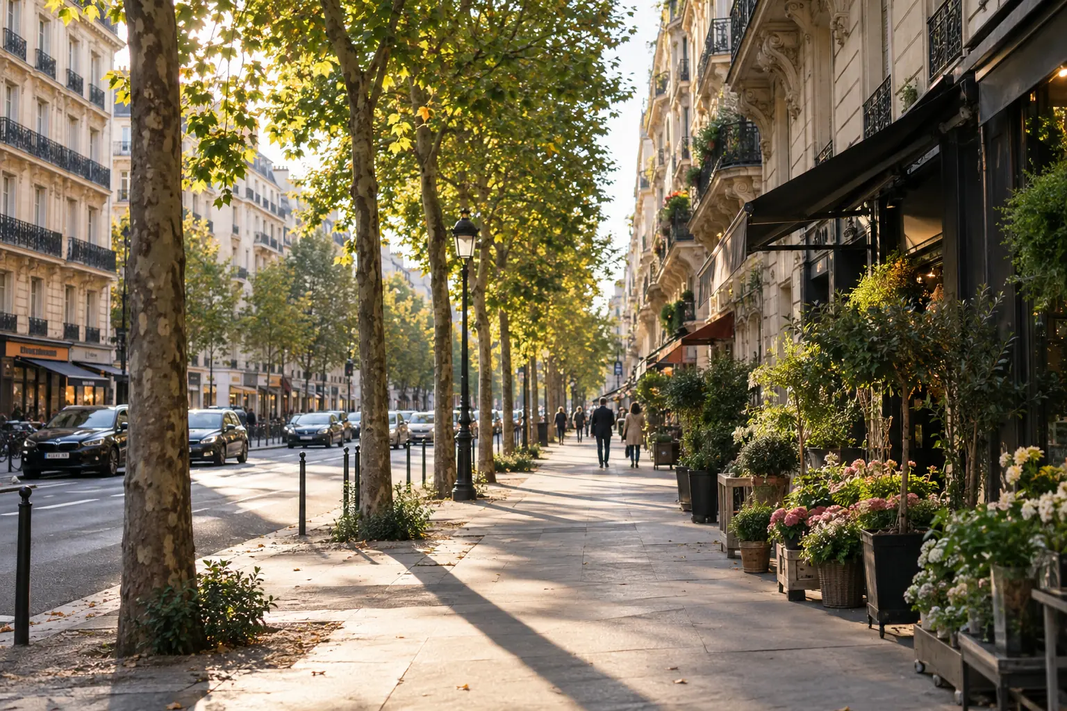 Avenue arborée bordée de commerces et d’immeubles parisiens